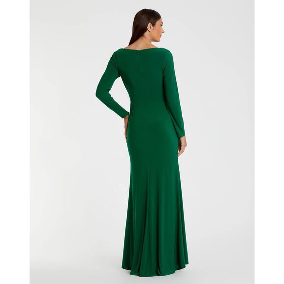 Ieena Mac Duggal 26573 Gown Long Sleeve Ruched Jersey V-Neck Emerald Size 12 - Picture 3 of 11